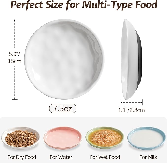 WROSWT Non-Slip Cat Food Bowl,Healthy Ceramic Cats Bowls with Silicone Bottom, Anti-Whisker Fatigue Cat Dishes Set, Shallow & Wide Kitten Plates for Food and Water, 4 Pack