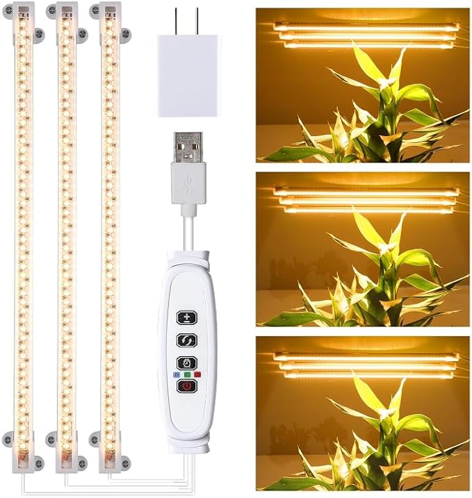 Hywyimlait 3 Head LED Grow Light Strips for Indoor Plants Full Spectrum 3500K, 144 LEDs Plant Light Bar with 3/9/12H Timer, 10 Dimmable Levels for Seedling Succulent, 13 Inches
