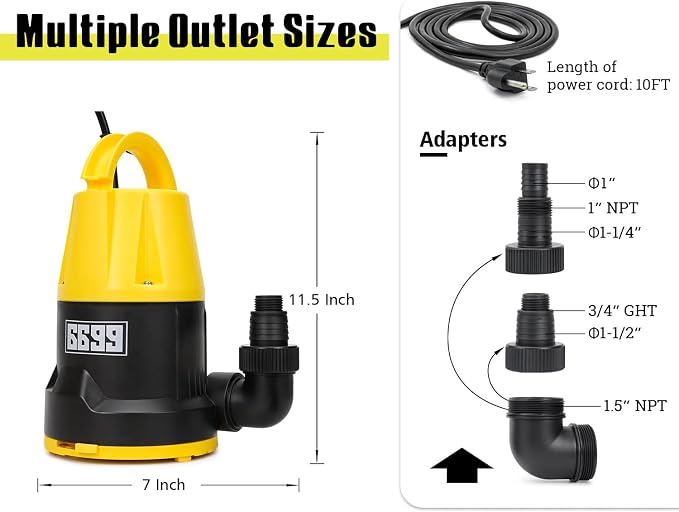 Submersible Sump Pump 1HP Portable Water Pump 5000GPH Drain Water for Pool Pond Hot Tub Flooded House High Flow/Low Water Level Mode Adjustable