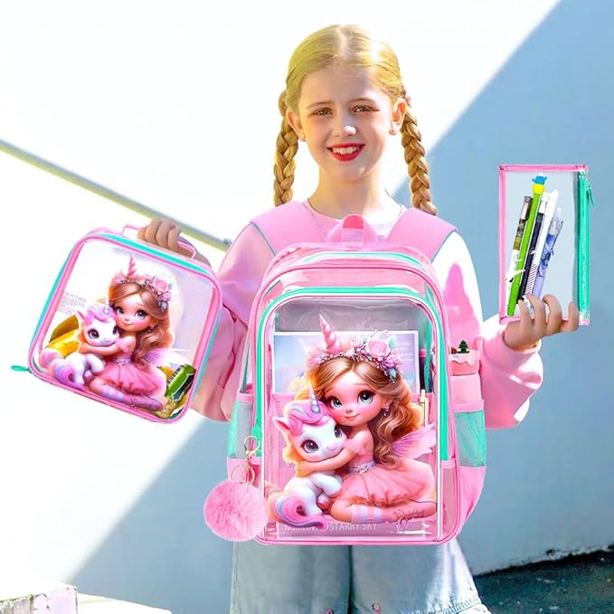 Clear Backpack for Girls and Boys, Kids Transparent Bookbag, 3PCS Cute See Through School Bag for Elementary Prechool