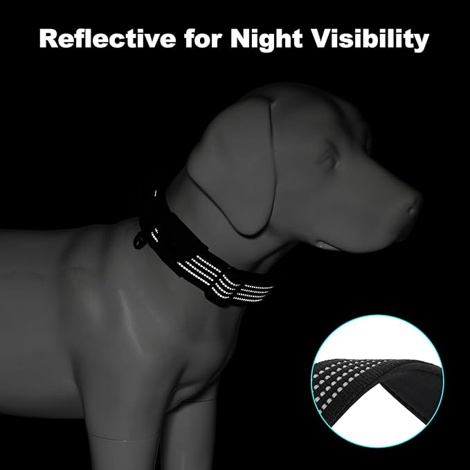 Plutus Pet Tactical Dog Collar with Tracker Pocket for AirTag, Adjustable Reflective Nylon Collar, Metal Buckle, Leather-Wrapped Handle, Soft Padded for Medium Large Dogs (Black, L)