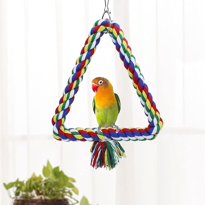 Bird Triangle Rope Swing Colorful Perch Chewing Toy for Parrots Budgie Parakeet Cockatiel Cockatoo (S)
