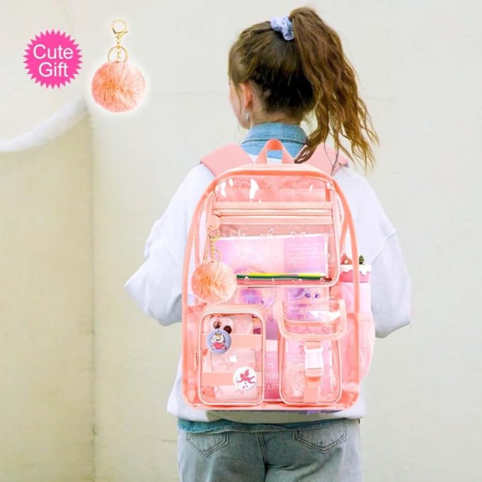 CCJPX 3Pcs Clear Backpack for Girls, School Transparent Bookbag, Heavy Duty See Through Backpacks for Teens Elementary