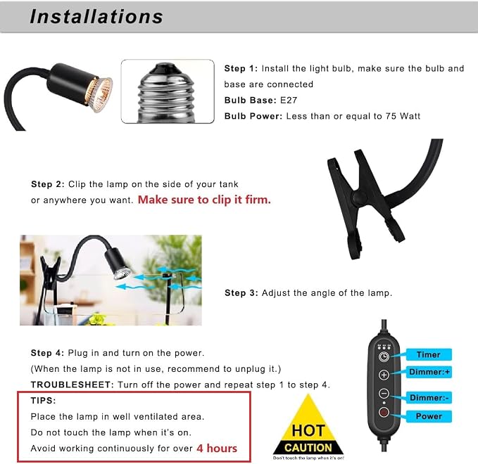 Dimmable Reptile Heat Lamp with Timer + 75W UVA UVB Light Bulb, Basking Spot Light Simulated Sunlight, Heating Lamp for Turtle, Lizard, Snake, Beared Dragon, Amphibians