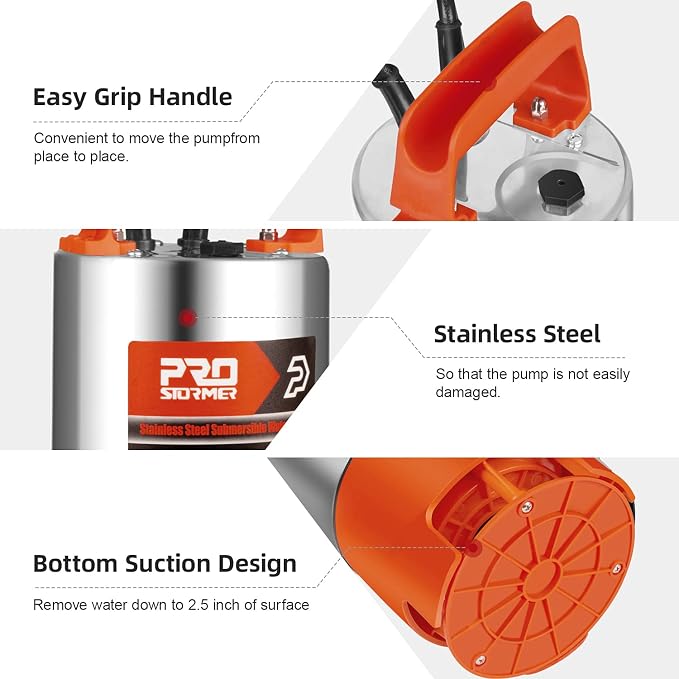 Prostormer 1HP 3700GPH Clean/Dirty Stainless Steel Submersible Sump Pump | Water Pump with Float Switch, Fresh/Mains/Pool Water, Orange