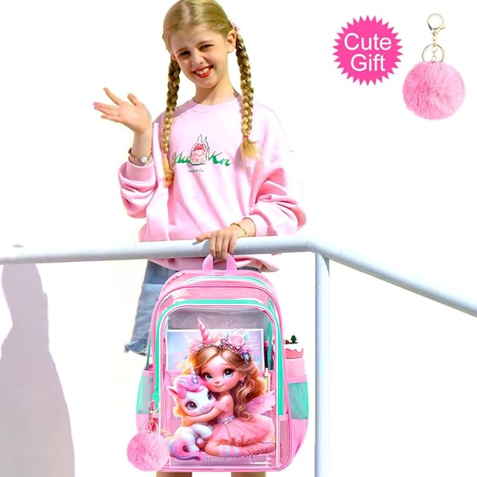 Clear Backpack for Girls and Boys, Kids Transparent Bookbag, 3PCS Cute See Through School Bag for Elementary Prechool