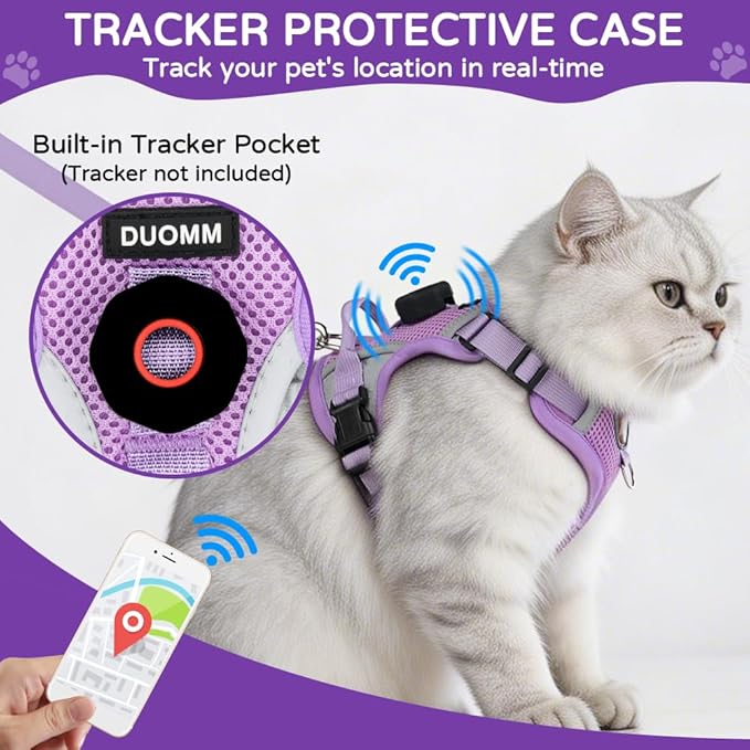 Large Cat Harness and Leash Set with Holder Compatible with AirTag, Upgraded Escape Proof Vest for Extra Large Cats Small Dogs Puppy, Reflective Adjustable Breathable Mesh Walking Jacket, Purple, XL
