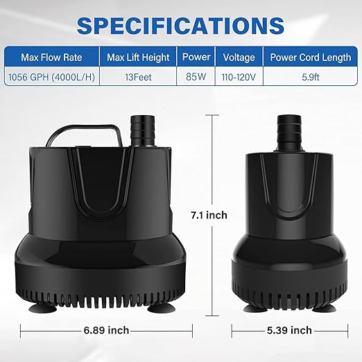 Simple Deluxe 1056GPH Submersible Water Fountain Pump, (4000L/H, 85W) Quick Water Change Aquarium Pump, 13ft High Lift, for Fish Tank, Pond, Hydroponics, Black
