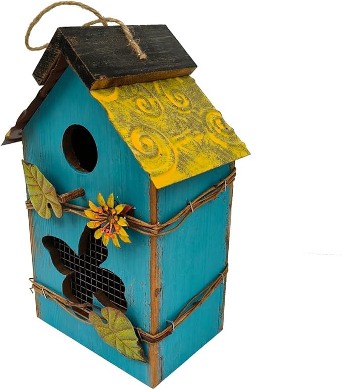 Wood Bird House for Outside, 10" H Hanging Bird House with Waterproof Metal Roof, Vintage Rustic Decorative Birdhouse Wooden Bird Nest Box for Outdoor Garden Yard Decorations (Blue)