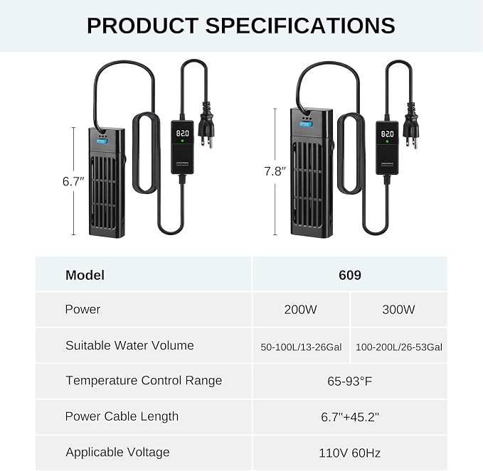 XPERTMATIC Aquarium Heater 300W Submersible Fish Tank Heater for 26–53 Gal | 65–93°F Adjustable External Probe & PID Control, Auto Shut-Off, Quartz Glass, Fresh & Saltwater Safe