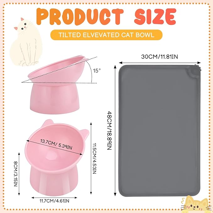 3 Pcs Elevated Cat Bowls 15° Raised Cat Bowl with Silicone Mat Whisker Friendly Anti Vomiting Cats Elevated Food and Water Bowls for Indoor Cats Kittens