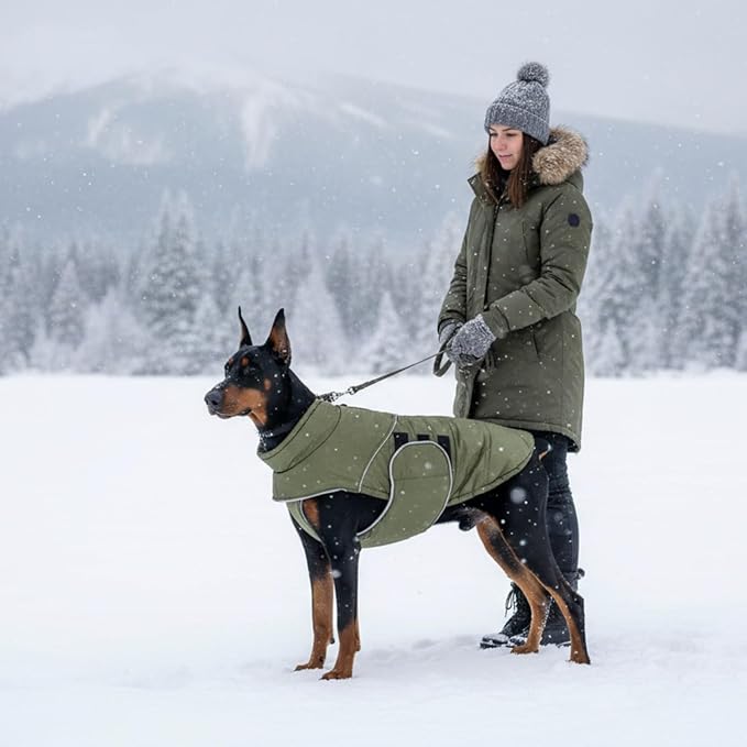 ASENKU Extra Warm Dog Coat - Winter Jacket with Fleece, Reflective, Adjustable, Zippered Leash Hole for Large Dogs (Green, 3XL)