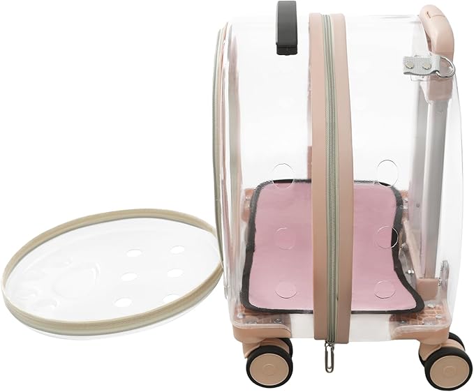 Cat Carrier with Wheels, Breathable Cat Rolling Carrier with Telescopic Handle, Bubble Cat Backpack Carrier, Clear Pet Travel Bag for Small Dogs Pets, up to 19lbs, 15.7" x 10.6" x 17.7" (Pink)