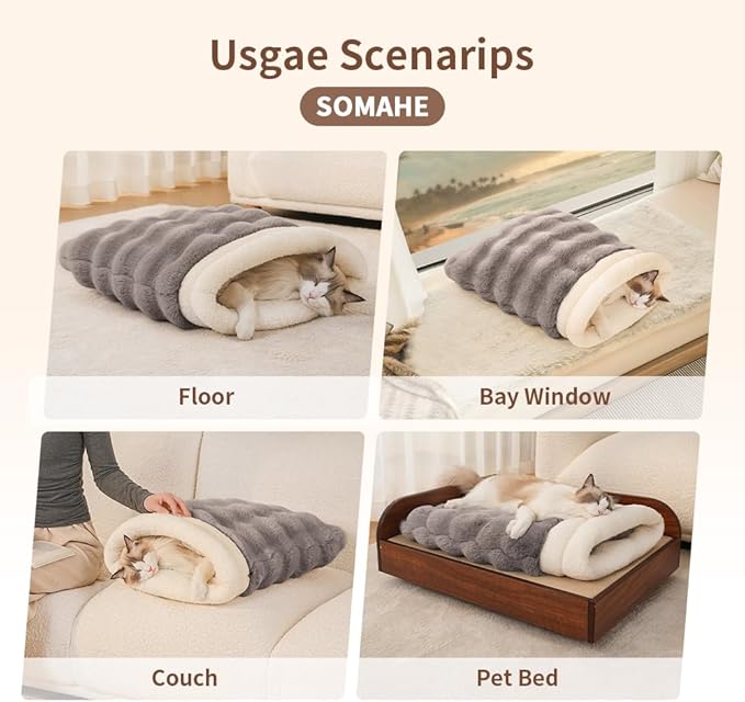 SOMAHE Self-Warming Cat Sleeping Bag, Enclosed Hooded Snuggle Sack with Dual-Side Plush Cat Cave Bed, Portable Foldable Pet Sleeping Pod for Indoor & Travel, Anti-Static, 21.7"x17.7"White