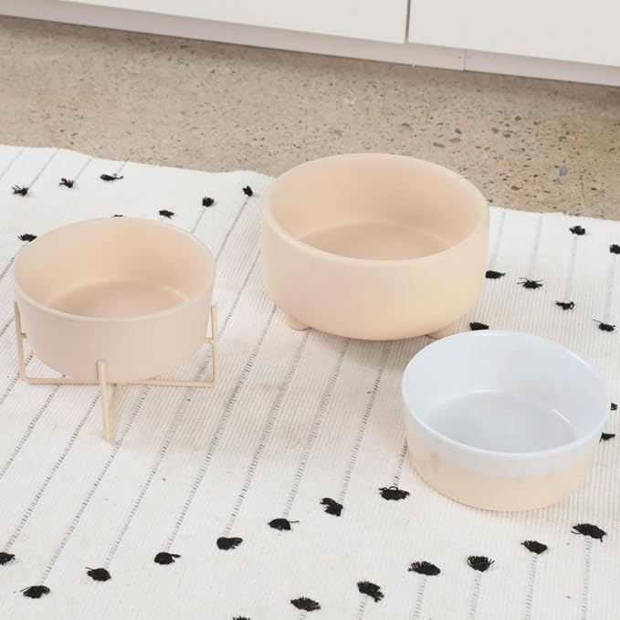 Waggo Simple Solid Dog Bowl and Dog Bowl Stand - Single Iron Stand with Single Ceramic Feeder or Water Bowl (Matte Buttercream, Small)