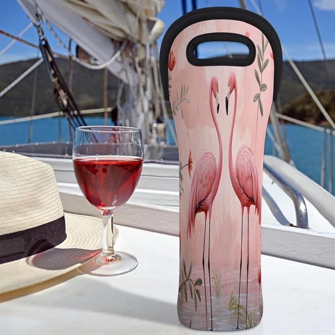 Tropical Bird Flamingo Wine Bag Single Bottle Wine Tote Bag Neoprene Wine Carrier Bags with Carry Handle Portable Wine Bottle Holder for Travel Party Picnic