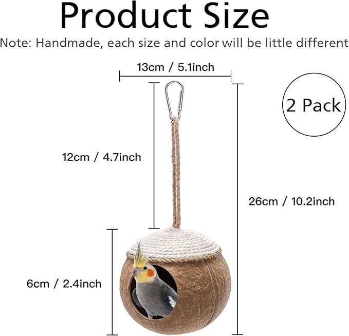 Yesland 2 Pack Coconut Bird Nest Hut with Loop, Coconut Fiber Hanging Birdhouse Cage, Anti-Pecking Bite Coconut Bird Parakeet for Parrot Parakeet Lovebird Finch Canary, Pet Cage Habitats Decor
