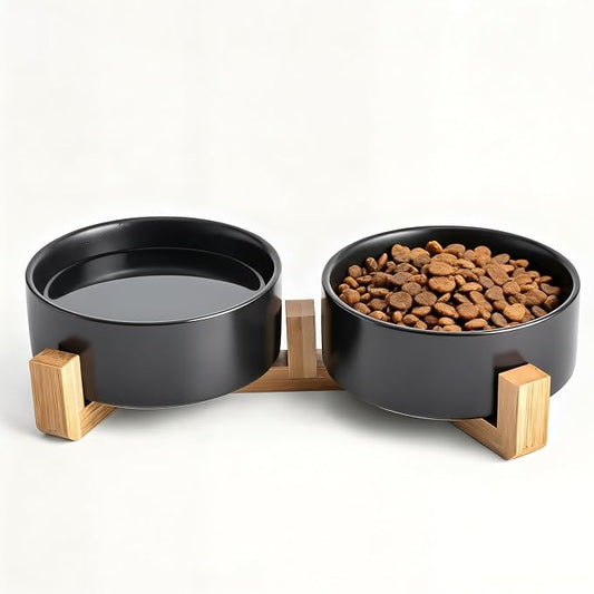 Kimdio Ceramic Dog Bowls with Wood Stand, 13.5OZ Pet Bowls Set of 2 for Medium Small Dogs and Cats - Non-Slip Base Cute Pet Food & Water Basic Bowls Glaze Matte-Black