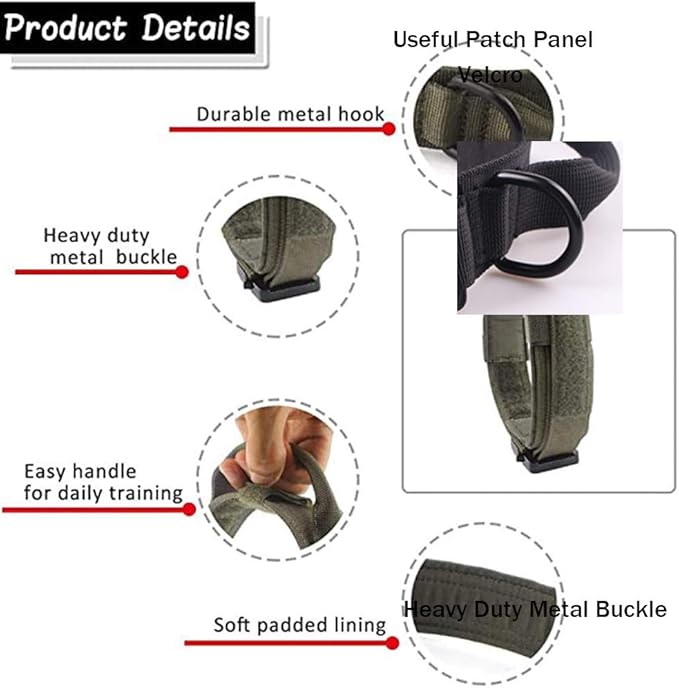Xqpetlihai Tactical Dog Collar and Leash Set Adjustable Military Nylon Dog Collar with Control Handle and Heavy Duty Metal Buckle for Large Dogs（Green S