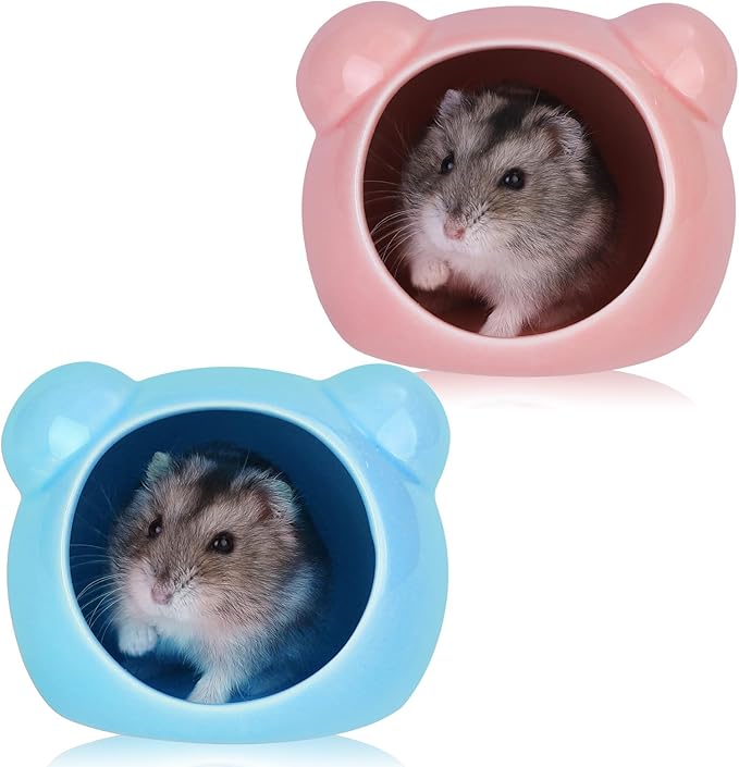 VanEnjoy 2 Pack Ceramic Hamster Hideout Red and Blue Small Animal Hides for Gerbils Mice Cute Summer Cooling Houses for Cage Accessories
