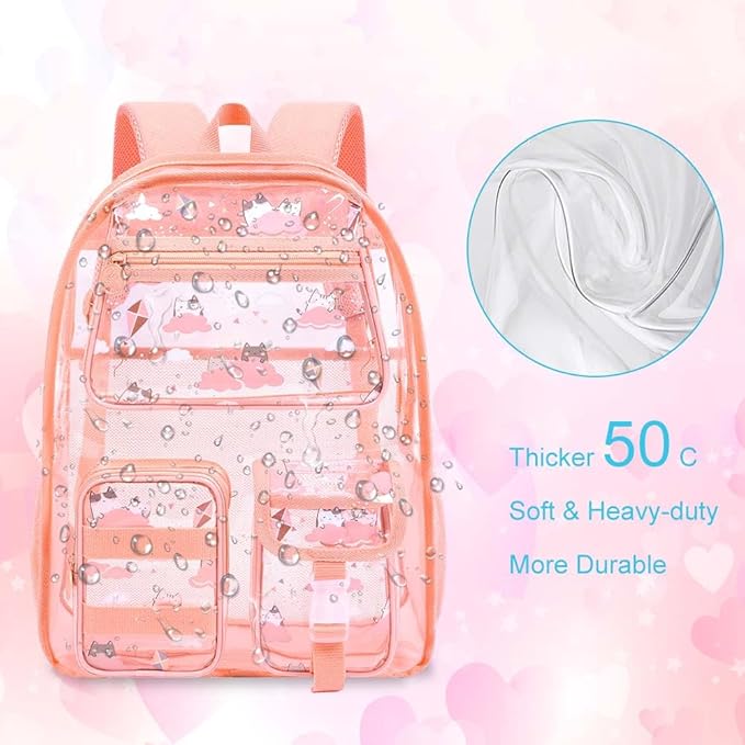 CCJPX 3Pcs Clear Backpack for Girls, School Transparent Bookbag, Heavy Duty See Through Backpacks for Teens Elementary