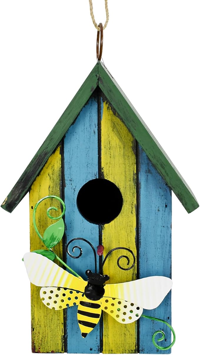Morning View Bird Houses for Outside Decorative Nest Box Wooden Birdhouse Hanging Spring for Yard Garden Patio Outdoor Small Birds Bluebird Finch Cardinals Wren 9.35 Inch Tall (Light Blue)