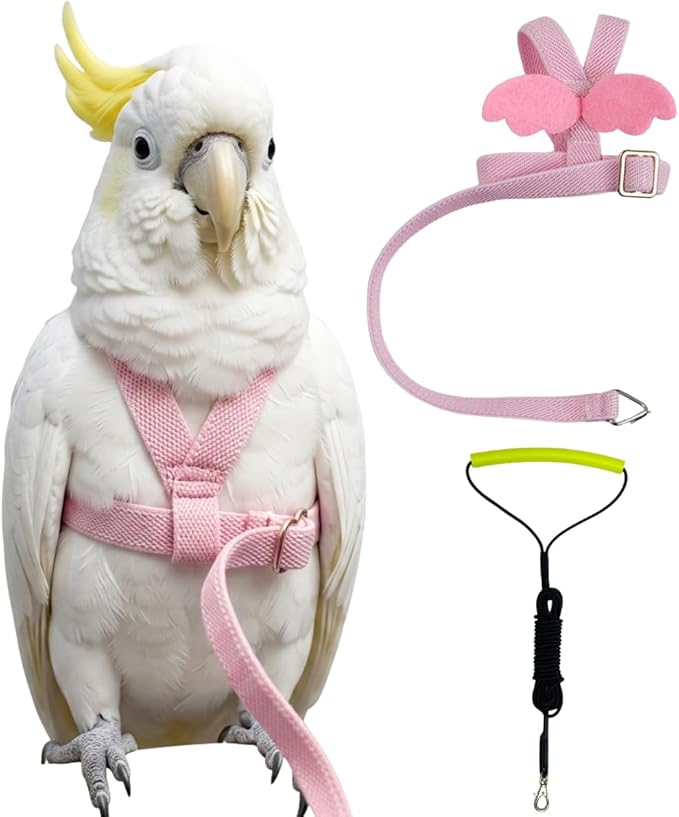 Adjustable Bird Harness with Elastic Leash, Pet Parrot Harness and Leash, Adjustable Training Design Anti-Bite, Bird Nylon Rope with Cute Wing for Conure (Pink,Sulphur-Crested Cockatoo)