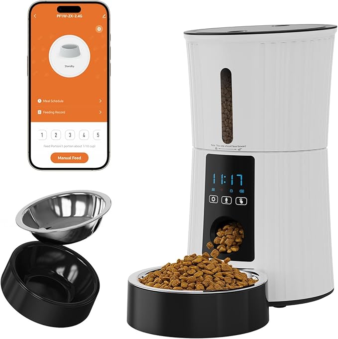 NEWBULIG 4L Automatic Cat Feeder with APP, Timed Pet Feeders for Dry Food with Portion Control, 1-10 Meals Per Day, Dog Food Dispenser with 10s Voice Recorder, Dual Power Supply, Desiccant Bag(White)