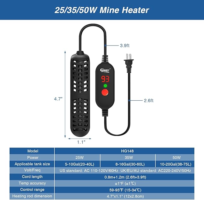 hygger 50W Small Aquarium Heater for Betta Fish Tank with Adjustable Temperature External Controller and Over-Temperature Protection for 10-20 Gallons Freshwater & Saltwater Fish Tank Turtle Tank