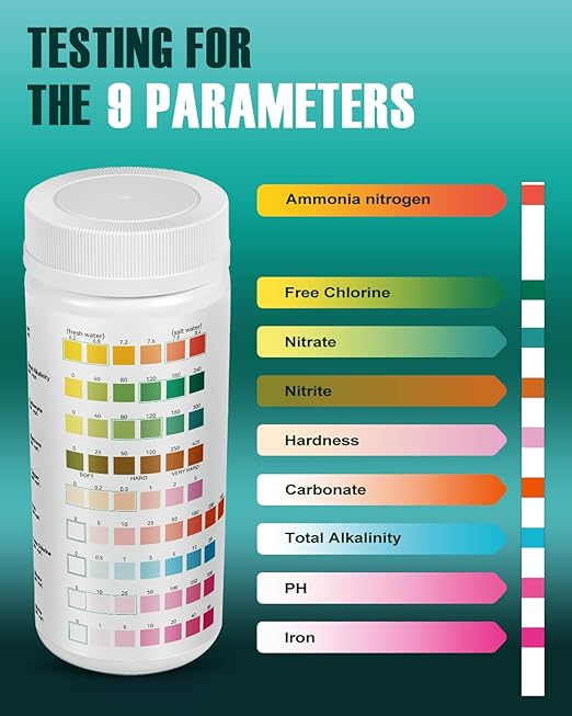 Aquarium Test Strips - 9-in-1 Aquarium Water Test Kit: Fish Tank Testing Kit for Freshwater & Saltwater, 100 Strips,Fast & Accurate Ammonia, pH, Hardness, & More,Lead Water Test Kit