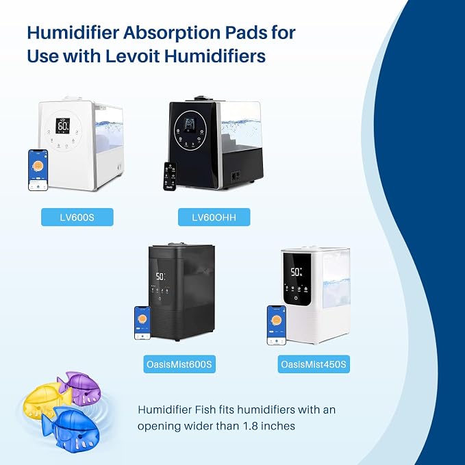 Top Fill Humidifier Filter Replacement for LEVOIT Classic160, Dual150 | LV600S,Classic300(S), OasisMist 450S, Superior6000S Series Humidifiers to improve Humidification- 20 Filters + 6 Fishs