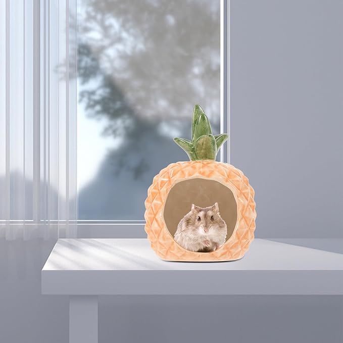Ipetboom Ceramic Hamster Hideout Pineapple Shape Cooling Pet Nest Small Animal House for Hamsters Guinea Pigs Rats Chinchillas