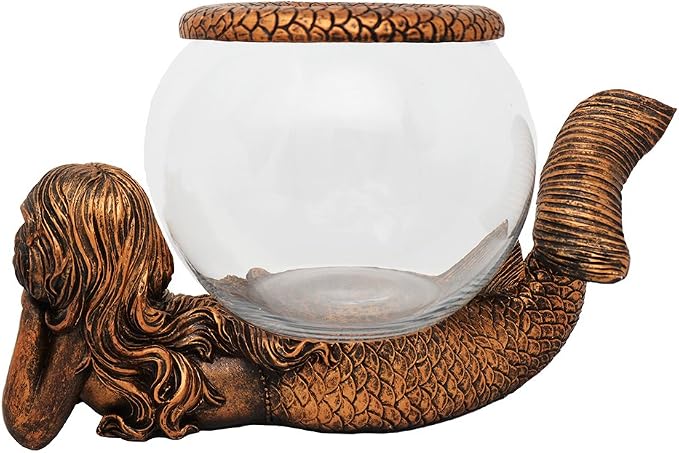 Mystical Mermaid Fish Bowl Décor – 1 Gallon Glass Aquarium, Terrarium & Candle Holder with Antiqued Bronze Mermaid Figurine, Decorative Tabletop Bowl for Home or Office