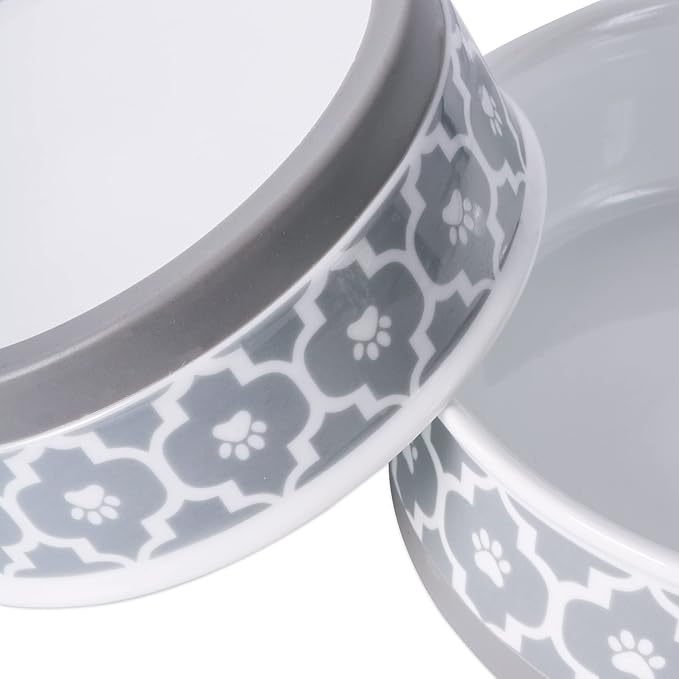 Bone Dry Paw Print Ceramic Pet Bowl, Lattice Collection, Medium Set, 6x2", Gray, 2 Count