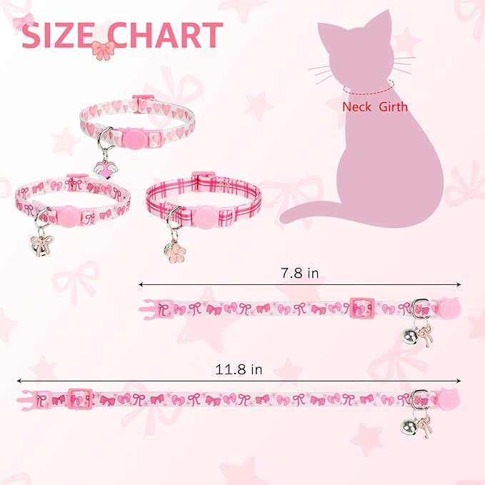 SCENEREAL Breakaway Cat Collar with Bell, 3 Pack Adjustable Safety Pink Cat Collar for Boy and Girl Cats, Cute Kitten Collar for Kitty Puppy Small Pets, Bow & Plaid & Heart