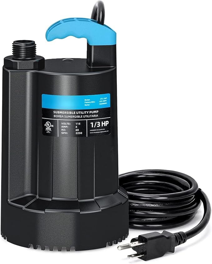 LEO 1/3 HP Submersible Water Pump, 2250GPH Sump Pump, 10ft Cord | Water Pump with 3/4” Garden Hose Check Valve Adapter, Removal for Pool Draining Basement Hot Tubs Garden Pool Cover Pond