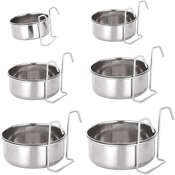 Crate Dog Bowl Stainless Steel Hanging Pet Cage Bowl Food & Water Feeder Coop Cup for Cat Puppy Birds Rats 6 Sizes