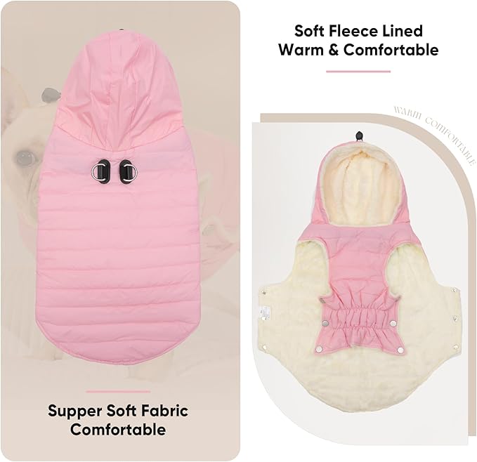 Vecomfy Fleece Lining Dog Hoodie with Harness Built in,Extra Warm Small Dog Jacket in Winter Puppy Coats with Drawstring Hooded,Light Pink M