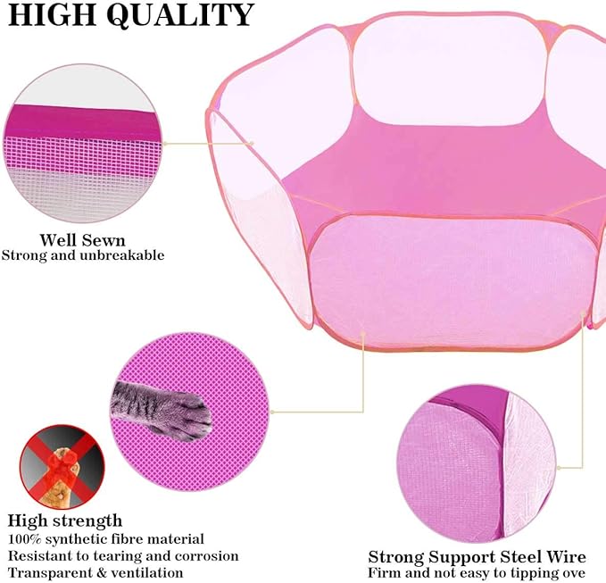 Small Animals Tent,Reptiles Cage,Breathable Transparent Pet Playpen Pop Open Outdoor/Indoor Exercise Fence,Portable Yard Fence (Pink)