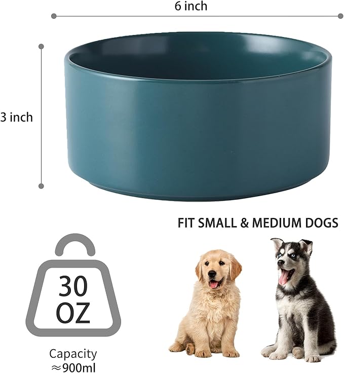Ceramic Set of 2 Dog Bowls - Classic Dogs Food & Water Bowl for Small and Medium Breed, Heavy-Duty Non-Slip Dog Dishes, Food Grade Pet Bowl, Dishwasher & Microwave Safe (6'', 2*30OZ, Green)