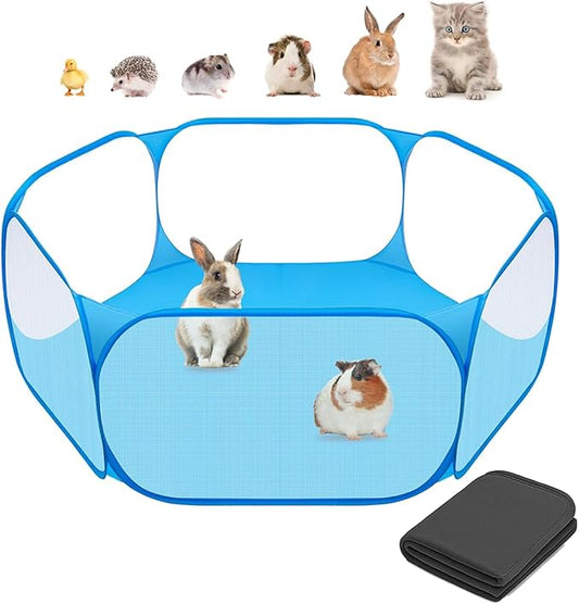 Amakunft 2 in 1 Small Animal Playpen with Waterproof Pad, Pop-Up Portable Play Yard for Guinea Pigs, Rabbits, Hamsters, Hedgehogs, Foldable Exercise Fence with Breathable Mesh for Indoor Outdoor Use