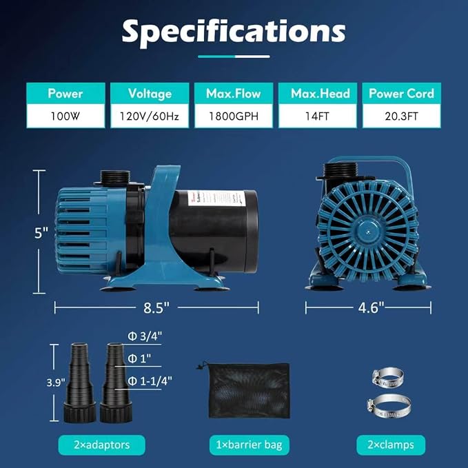 TONGCHANT 1800 GPH Pond Pump for Fish Pond Fountain & Waterfall, 14FT Lift | 100W Submersible Water Pump with 180° Rotatable Nozzle, Filter Bag & 20FT Cord, Ultra-Quiet Operation, UL listed