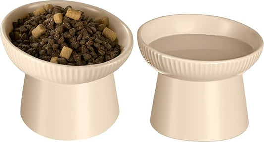 Ceramic Elevated Cat Bowls-Water Bowl, 15° Tilted Design, Anti-Vomiting & Spine Protection, Prevent Whisker Fatigue for Kittens to Adult Cats and Small Dogs (Almond-15° Cat Bowls-2)