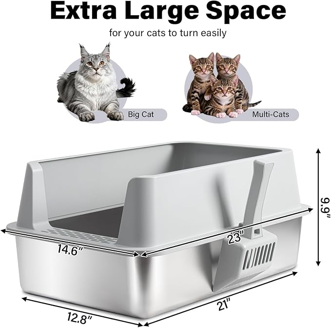 Stainless Steel Litter Box, XL Metal Cat Litter Box with Lid, Extra Large Cat Litter Boxes for Big Cats with High Sides, Leak Proof, Easy to Clean, No Stick, Odor Control, Include Scoop and Mat