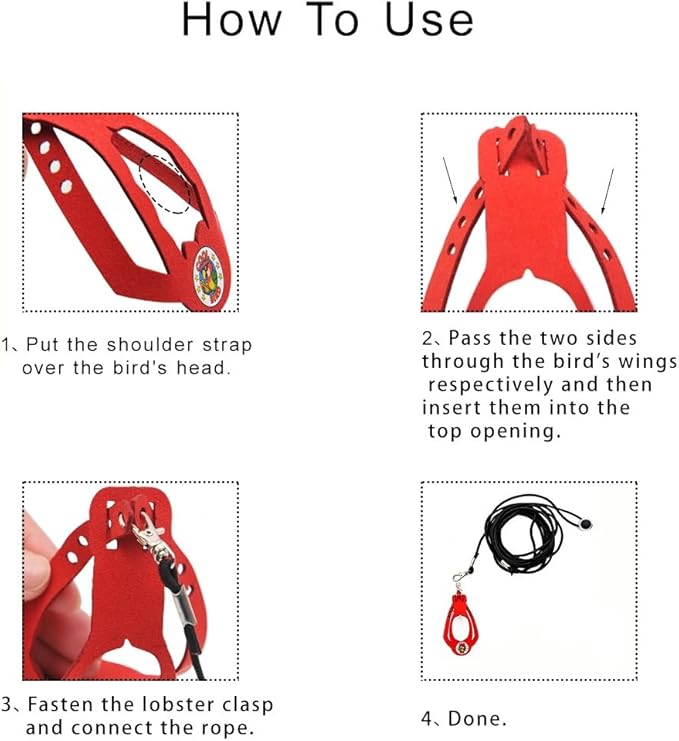 Adjustable Bird Harness & Leash Set for Small Birds,FitsBudgie,Parakeets, Conures, Cockatiels,Green Cheek,Quaker Parrots(Red, M) Z6350-3