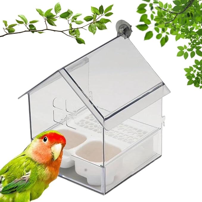 Pull-Out External Parrot Feeder,2025 New Multi-Function Hanging Mess-Free Bird Feeder,with Two Food Troughs, Pull-Out Design,Easy to Fill/Clean,Long-Lasting Outdoor Use for Finch and Hummingbird