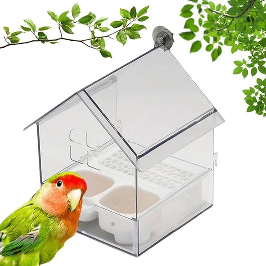 Pull-Out External Parrot Feeder, Hanging Wild Bird Seed with Squirrel Proof Tray, Acrylic Transparent Bird Bath Tub, Easy to Refill and Clean, Food Dispenser for Balcony Garden Fence (White)
