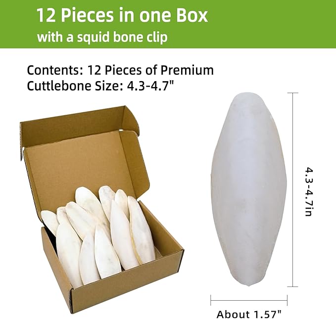 4.3"-4.7" Cuttlebone for Birds,Parakeets Cuddle Bone Beak Trimming,Premium Calcium Natural Cuttlefish Bone for Parrot,Cockatiel,Budgie,Tortoise, Snails,Reptiles,12 Pcs