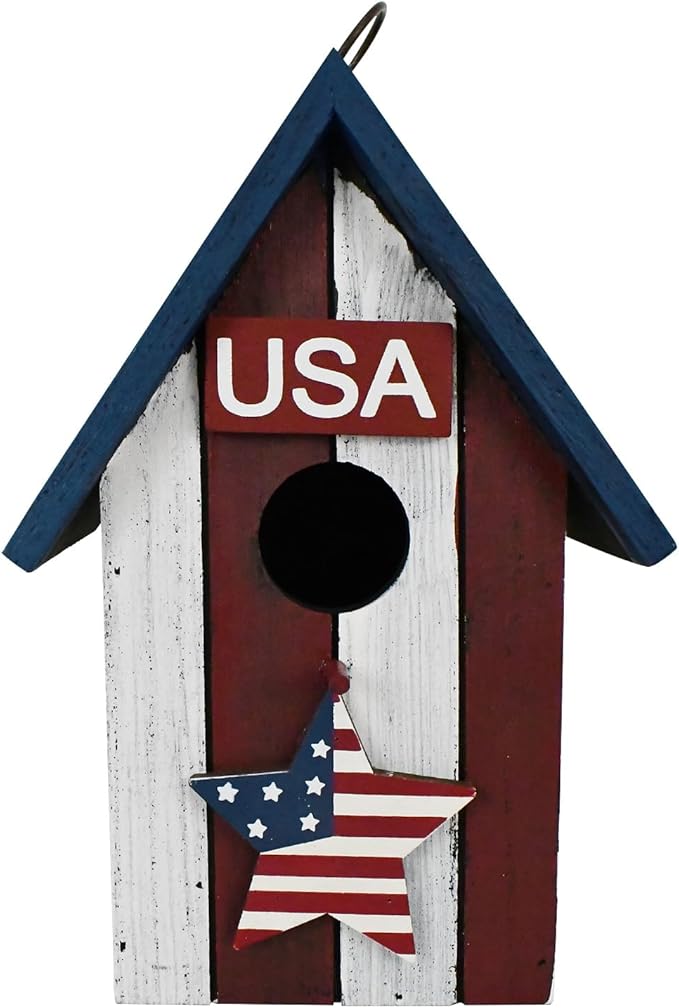 Linfevisi Wooden Patriotic Bird House Bluebird Nest Box American Flag Birds Boxes Home Wood Birdhouses Hanging Outdoor Decorative for Wren Finch Chickadee Sparrows Cardinals Tree July 4th(A)