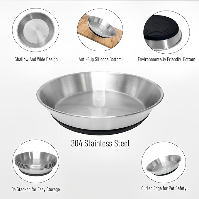 2 Pack Stainless Steel Whisker Friendly Shallow and Wide Cat Bowls for Food and Water, Non-Slip Silicone Cute Bottom for Small Dog Puppies Cats.